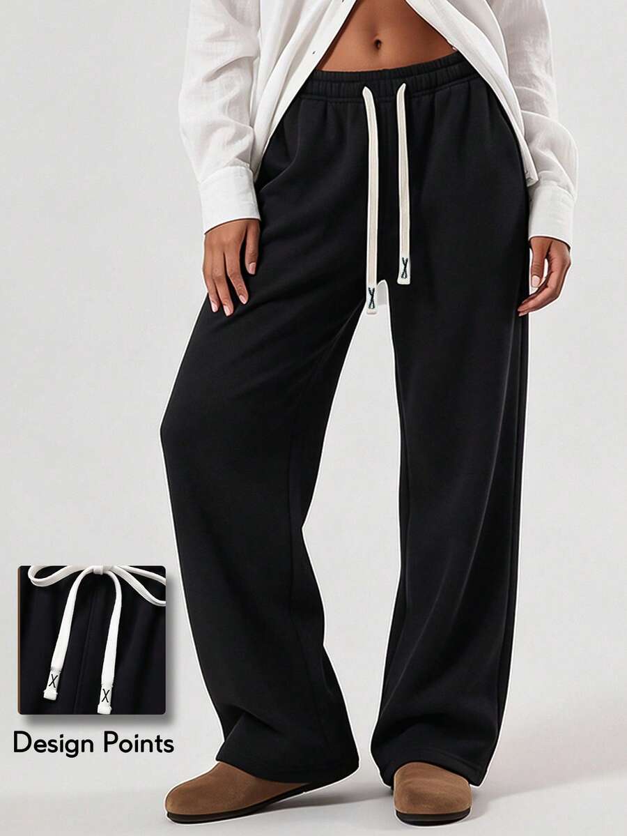 KyrLssu Women Drawstring Elastic Waist Wide Leg Sweatpants, Loose Straight Casual Trousers With Decor Drawstring & Side Pockets, Daily Street Loungewear Pants - Black - View 1