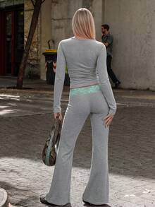 Women's Y2K Colorblock Lace Trim 2 Pieces Set, V-Neck Criss-Cross Fitted Long Sleeve Top & Low Waist Flared Pants, Street Casual Slimming Outfit - Grey - View 4