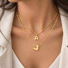 2 st/set nya klassiska bubbel-initialhjärt-halsband med hängande hängsmycke, guldfärgad rostfri stålkedja, lager-på-lager-halsband för kvinnor - Gult guld - Visa 1