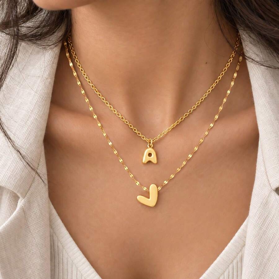 2 st/set nya klassiska bubbel-initialhjärt-halsband med hängande hängsmycke, guldfärgad rostfri stålkedja, lager-på-lager-halsband för kvinnor - Gult guld - Visa 1