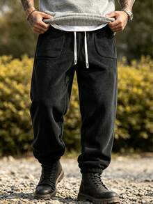 Men's Fleece Lined Drawstring Waist Loose Casual Sports Pants, Fleece Pants, Suitable For Autumn, Winter And Spring - Black - View 6