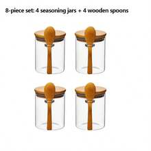 4pcs Set Of Small Straight-Wall Storage Jars With Wooden Lids And Glass Seal, Matching Wooden Spoons, Transparent Body For Easy Identification Of Contents, Suitable For Storing Grains, Tea, Rock Sugar, Coffee Powder - Multicolor - View 8