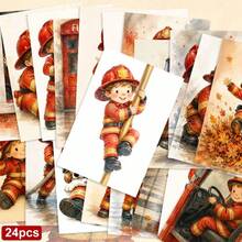 24pcs + 1 Red Envelope Cute Firefighter Theme Greeting Cards & Postcards, Featuring Brave Heroes And Rescue Dogs, Suitable For Thanksgiving, Classic Watercolor Style Art Stationery Set - Sets - View 9