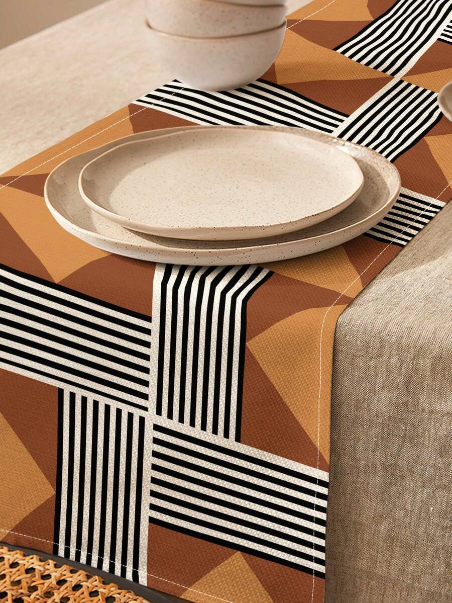 1pc Geometric Pattern Printed Table Runner, 4pcs Geometric Pattern Printed Placemats, Suitable For Holiday, Party, Birthday, Dinner, Kitchen Dining Table Decoration, All Season Room Decor, Home Textile Decoration Table Runner - Multicolor - View 1