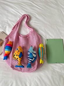 Colorful Fabric Tote Bag With Fish Plush Doll Decor, Large Capacity For Beach Essentials, Open Top Closure, Vacation Mori Style, Women's Woven Tote Bag, Suitable For Beach Trips, Daily Shopping, Casual Vibe For Girls - Pink - View 6