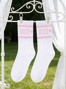 One Size Women's Mid-Calf Socks, Minimalist Design, Color Block Stripes, Letter & Heart Print, Suitable For Halloween, Party, Bridal Gift And Autumn/Winter Season - Multicolor - View 14