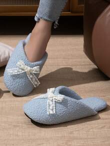 Women's New All-Season Closed-Toe Soft Sole Slippers, Indoor Home Comfortable Quiet Lace Bow Design Non-Slip Slippers, Bedroom Living Room Office Floor Slippers - Baby Blue - View 2