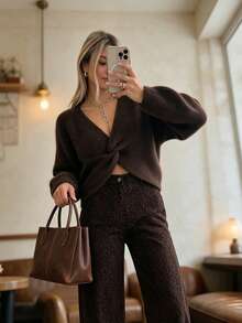 SEREN Women's New Fashion Twisted Design Knit Sweater, Vintage V-Neck Long Sleeve Pullover, Suitable For Daily Wear, And Gatherings With Friends - Red Coffee - View 9