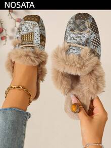 2026 Autumn/Winter Vintage Women's Closed-Toe Mule Slippers, Jacquard Fabric Faux Fur With Rhinestone Decor, Slip-On Warm Non-Chafing, Home Commute Daily Streetwear - Brownish Green - View 1