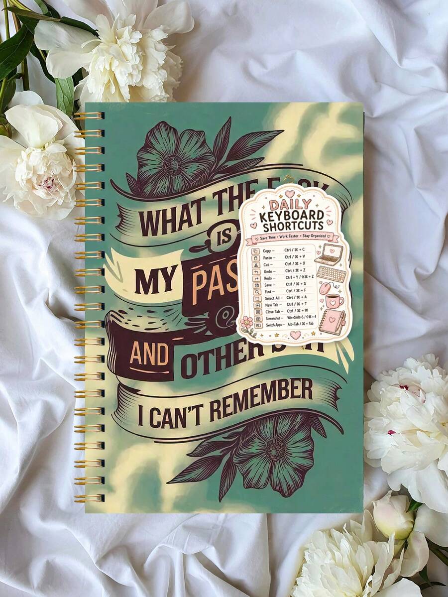 1pc Mint Floral Spiral Password Notebook 8.15x5.7 Inch + Keyboard Shortcut Stickers, Login Record Book, Halloween Notebook Office Decor & Accessories, Nurse Essentials, Bible Study Material - A - View 1
