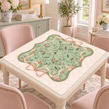 33"X33" Chinoiserie Bird Mahjong Mat, Sage Green Floral Game Mat, Pink Bow Mahjong Decor, SHIPS ROLLED - Multicolor - View 3