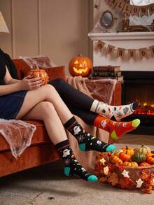 3 Pairs Halloween Ghost & Skull Crew Socks, Spider Web Candy Print Soft Cotton Holiday Casual Socks - Multicolor - View 3