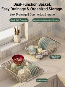 Expandable Sink Dish Drying Rack,Stainless Steel Over‑The‑Sink Dish Colander Basket,Adjustable Kitchen Sink Drain Basket For Plates, Bowls,Cups,Fruits Vegetables Washing Sink Colander, Stainless Steel Sink Drain Basket - Multicolor - View 9