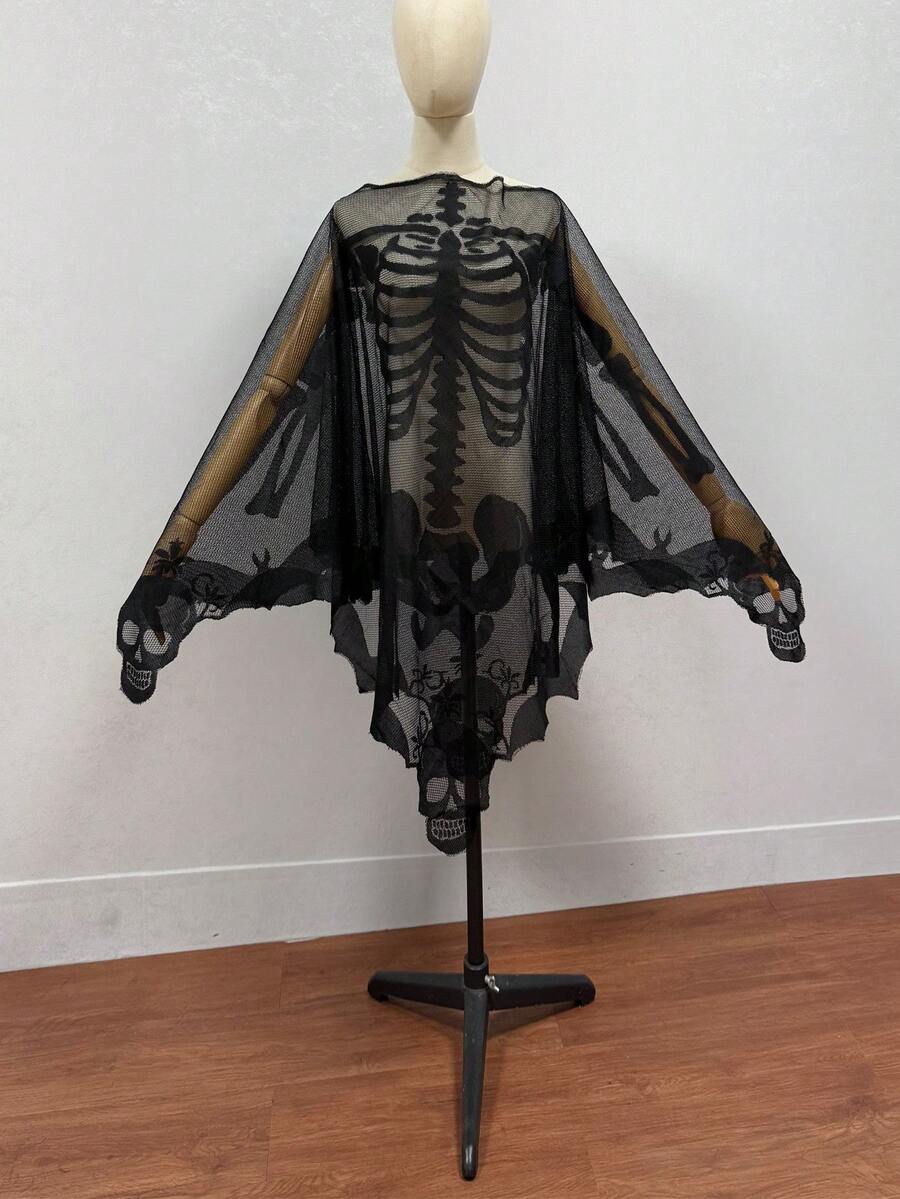 1pc Halloween Long Skeleton Rib Cage Cape Bat Cloak Anime Cosplay Costume Shawl - Multicolor - View 1
