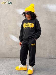 Vihyde Set Olahraga Kasual untuk Anak Laki-Laki Usia Remaja: Kaos Lengan Panjang Bergambar Huruf dan Celana Jogger - Hitam - View 3