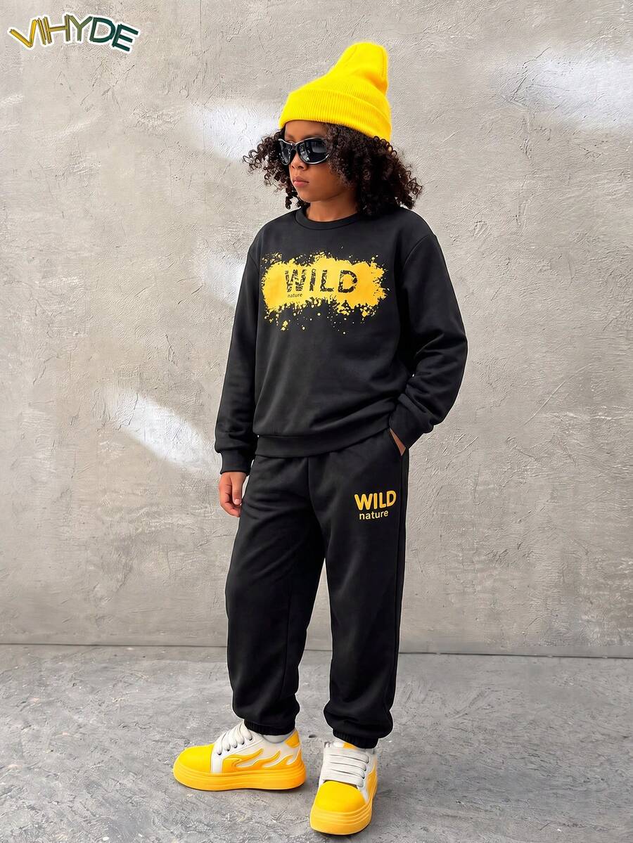 Vihyde Tween Boys Letter Print Long Sleeve Sweatshirt & Jogger Pants Casual Sports Set - Black - View 1