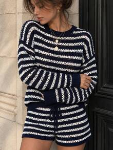 Street 2pcs Set Women Black & White Striped Hollow Pullover Knit Sweater & Drawstring Knit Shorts Outfits For Casual Vacation Back To School Fall Wear - Navy Blue - View 3