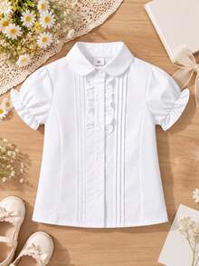 Girls' White Peter Pan Collar Ruffle Short Sleeve Blouse, Front Pleated Button Design School Uniform Top, Suitable For Back To School, Parties And Ceremonial Occasions - White - View 2