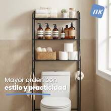 NK Estantería de Baño sobre Inodoro – 153x47x26 cm, 3 Baldas Superiores, 3 Ganchos, Portarrollos, Patas Antideslizantes, Estructura de Hierro y PP, Color Negro, Montaje Fácil - Blanco - Ver 6