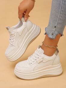Women's Fashion Thick Sole Athletic Shoes Lace-Up Versatile Casual Sneakers - Apricot - View 2