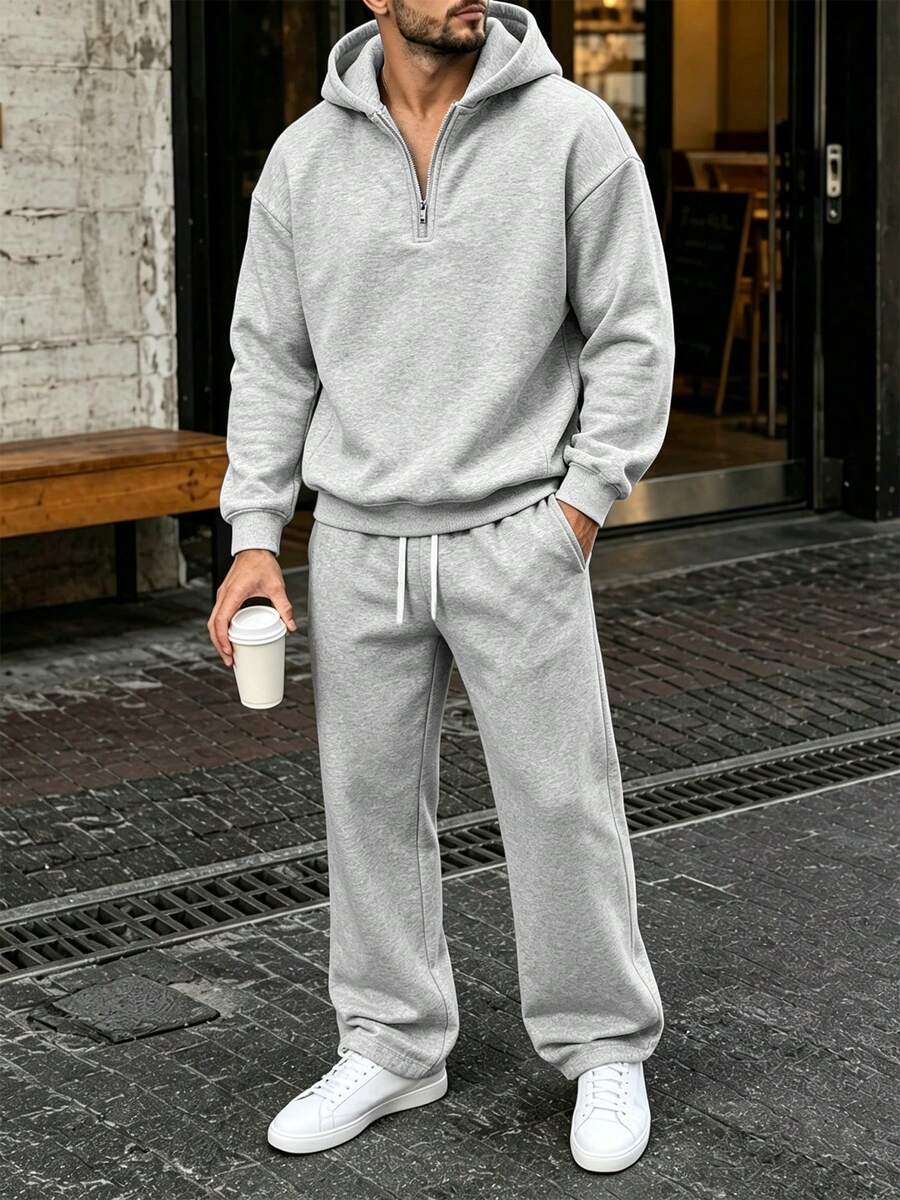 Men's 2 Pieces Half-Zip Hoodie And Wide-Leg Sweatpants Set, Loose Fit Casual Outfit For Daily Commute, Spring And Autumn - Light Grey - View 1