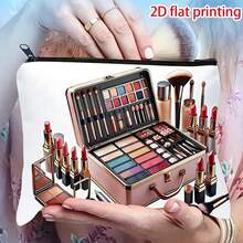 A Standalone Makeup Bag With Flat 2D Design, White Base And Exquisite Pattern Including Images Of Makeup Brushes, Lipstick And Eyeshadow Palette. Equipped With Zipper Closure, Ideal For Travel Cosmetic Storage, Excellent - Multicolor - View 5