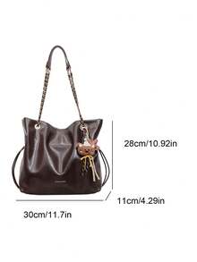 Tote Bag With Relaxed Soft Body, Drawstring Closure Design, Paired With Chain Shoulder Strap, Effortless To Carry. Spacious Interior Can Hold Many Personal Items, Decorated With Cute Charms, Simple And Elegant Style Suitable For Daily Outings, Easily Creating A Casual And Relaxed Outfit Effect. - Coffee Brown - View 7