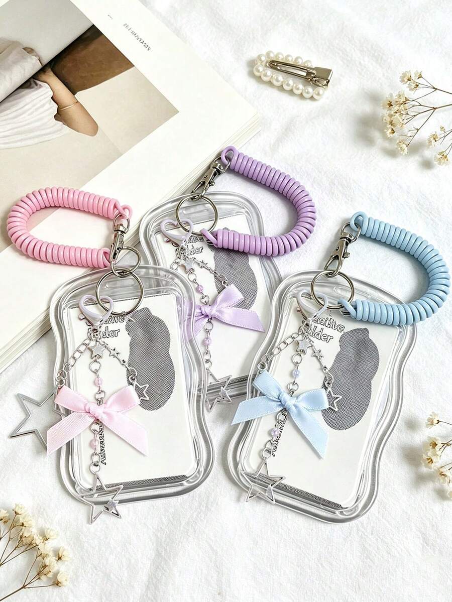 Scalable Star Card Holder Keychain, Durable Transparent Id Card Holder Set, With Detachable And Wiping Sliding Cover, Paired With Star Bow Decoration - Multicolor - View 1