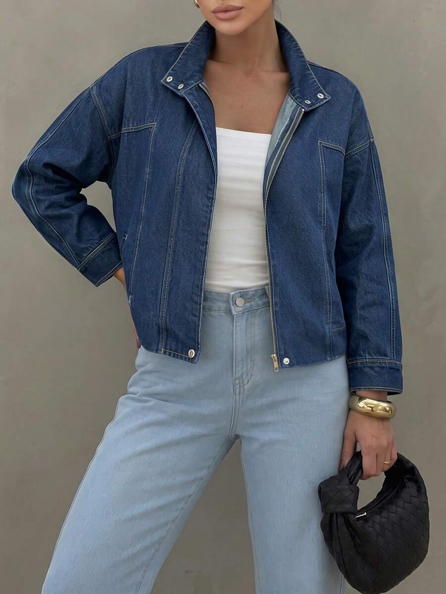 Vintage Dark Blue Denim Jacket For Women, Contrast Stitching Zipper & Button Front, Loose Fit Short Casual Jacket - Denim Original Color - View 1