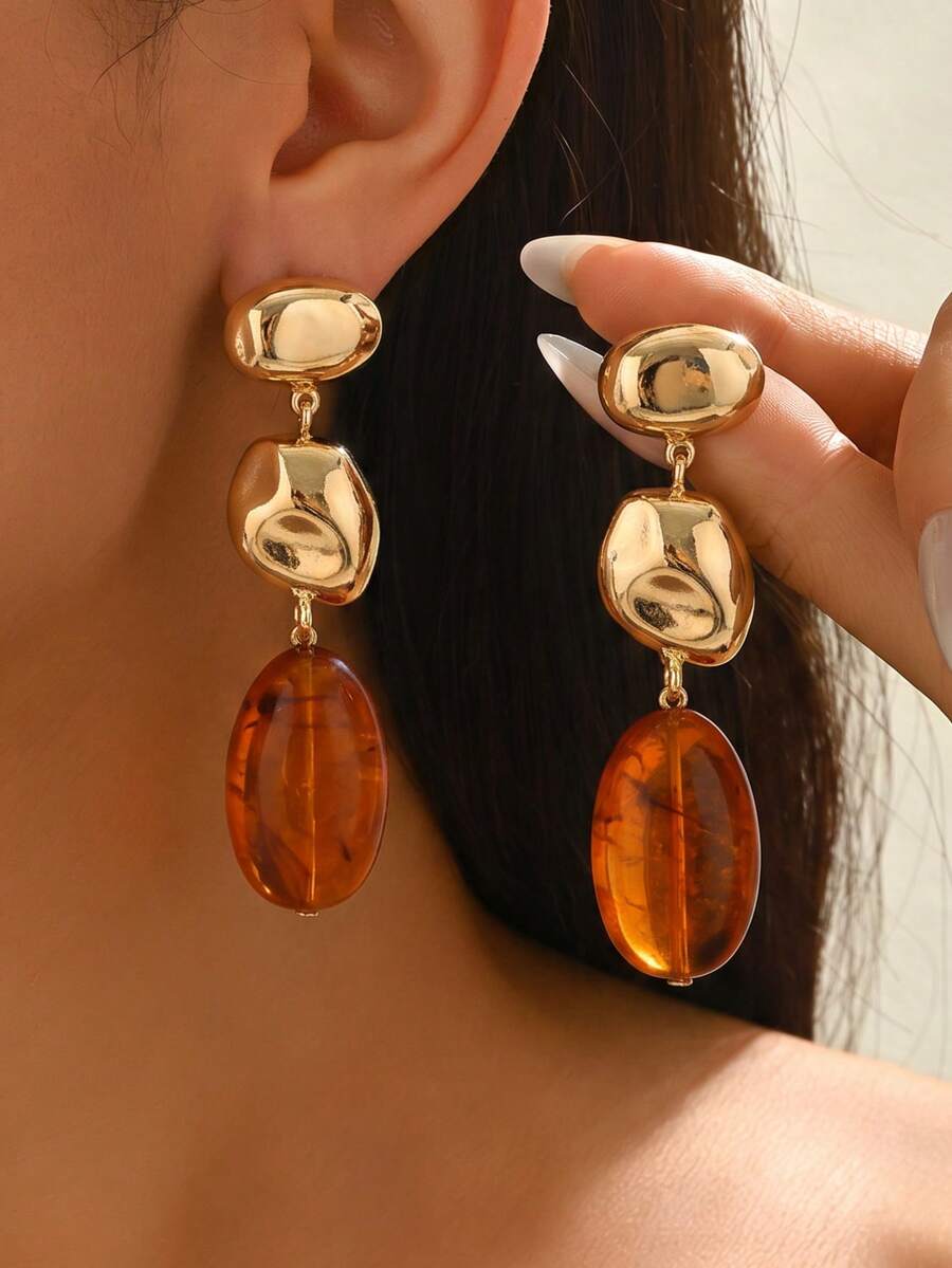 1 Pair Vintage Amber Oval Pendant Earrings, Multi-Layered Asymmetrical Dangle Design, Creative Long Drop Earrings, Suitable For Daily Wear, Holiday Gifts, Party And Banquet Jewelry - Yellow Gold - View 1
