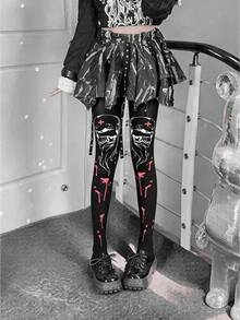 1件裝萬聖節骨骼印花褲襪，性感純欲風辣妹緊身褲襪，適合春夏穿著 - 彩色 - 查看 13