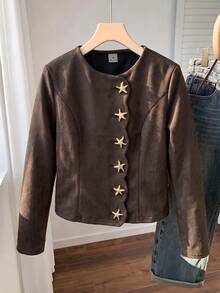 Girls' Urban Fashion Suede Jacket With Scalloped Edge, Open Front And Metal Button Decor, Back To School Campus Outfit, Autumn/Winter Casual Daily Wear - Brown - View 7