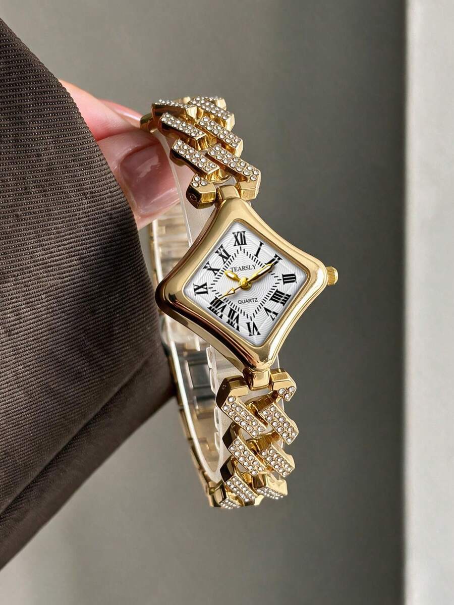 LIANDU 1pc Women's Gold Quartz Watch, Fashionable Rhinestone Strap, Luxury Exquisite Vintage Style Watch, Suitable For Daily Wear And Holiday Gifts