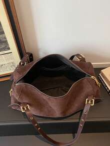 1pc Faux Suede Handbag With Gold Hardware, Convertible Tote Bag & Shoulder Bag, Zipper Closure, Vintage Casual Style, Suitable For Autumn/Winter Commute, Date, Shopping - Coffee - View 10