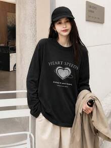 Women's Loose Fit Round Neck Fashion Casual Versatile Letter & Heart Print Long Sleeve T-Shirt, Spring/Autumn - Black - View 2