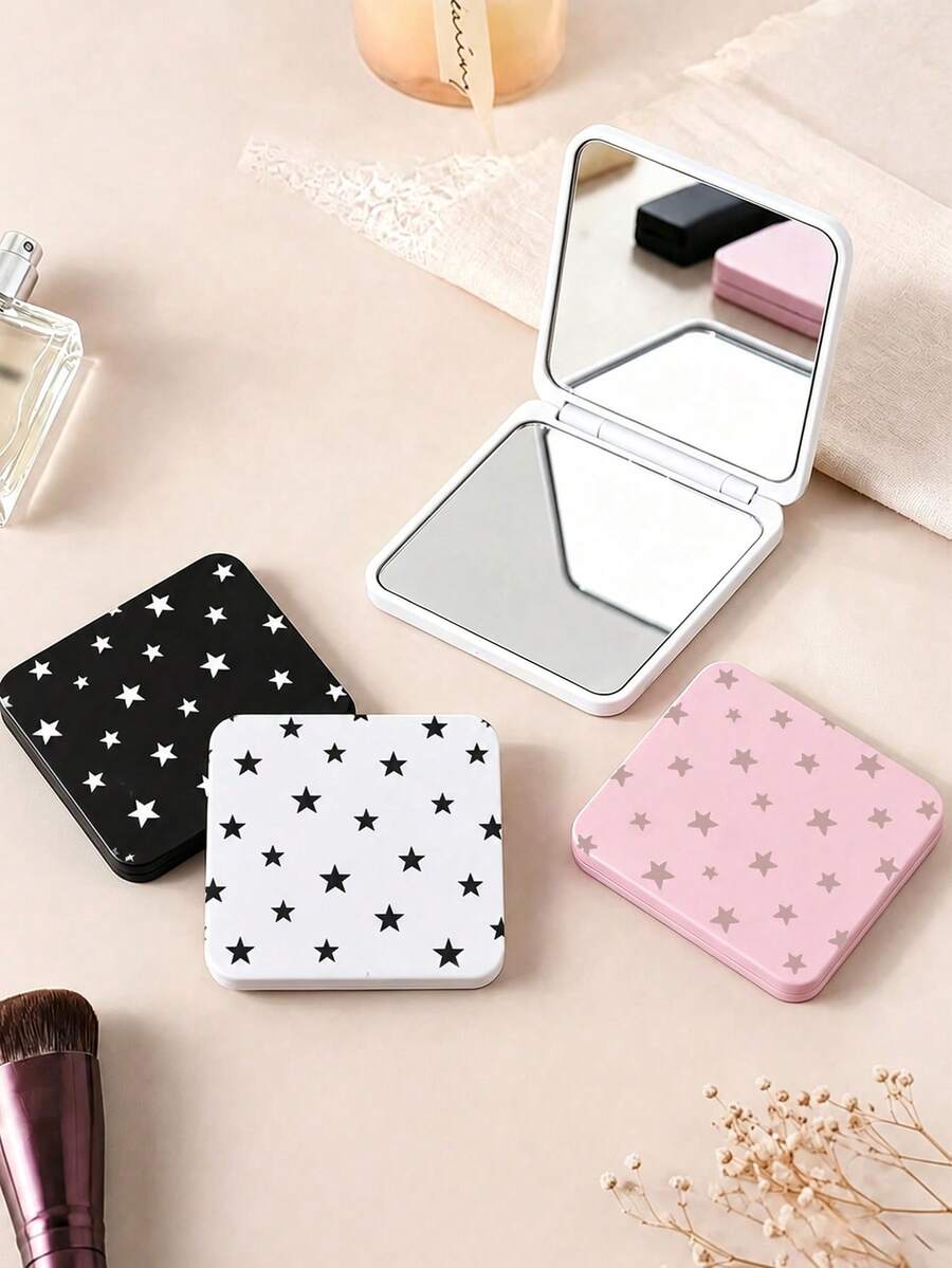 New Star Print Portable Square Makeup Mirror, Double-Sided Square Makeup Mirror, Women's Foldable Makeup Mirror, Compact Minimalist Makeup Mirror, Mini Makeup Mirror Suitable For Wallet And Travel, Star Pattern Density And Position Size Random - Multicolor - View 1
