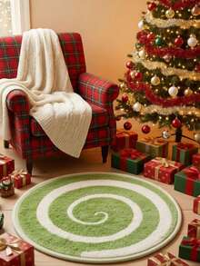 Round Burgundy Christmas Tufted Rug Checkered Border Snowman Gingerbread Gift Candy Cane Plush Rug - Green - View 2