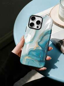 Ốp lưng điện thoại vân đá cẩm thạch xanh lam xanh lá với gân vàng 2 trong 1 vỏ cứng PC và lớp trong mềm TPU, ốp quà tặng, ốp đôi đồng bộ, tương thích với iPhone 11 12 13 14 15 16 16e 17 Pro ProMax Air - Bề mặt bóng, không nhiễm từ - Xem 5
