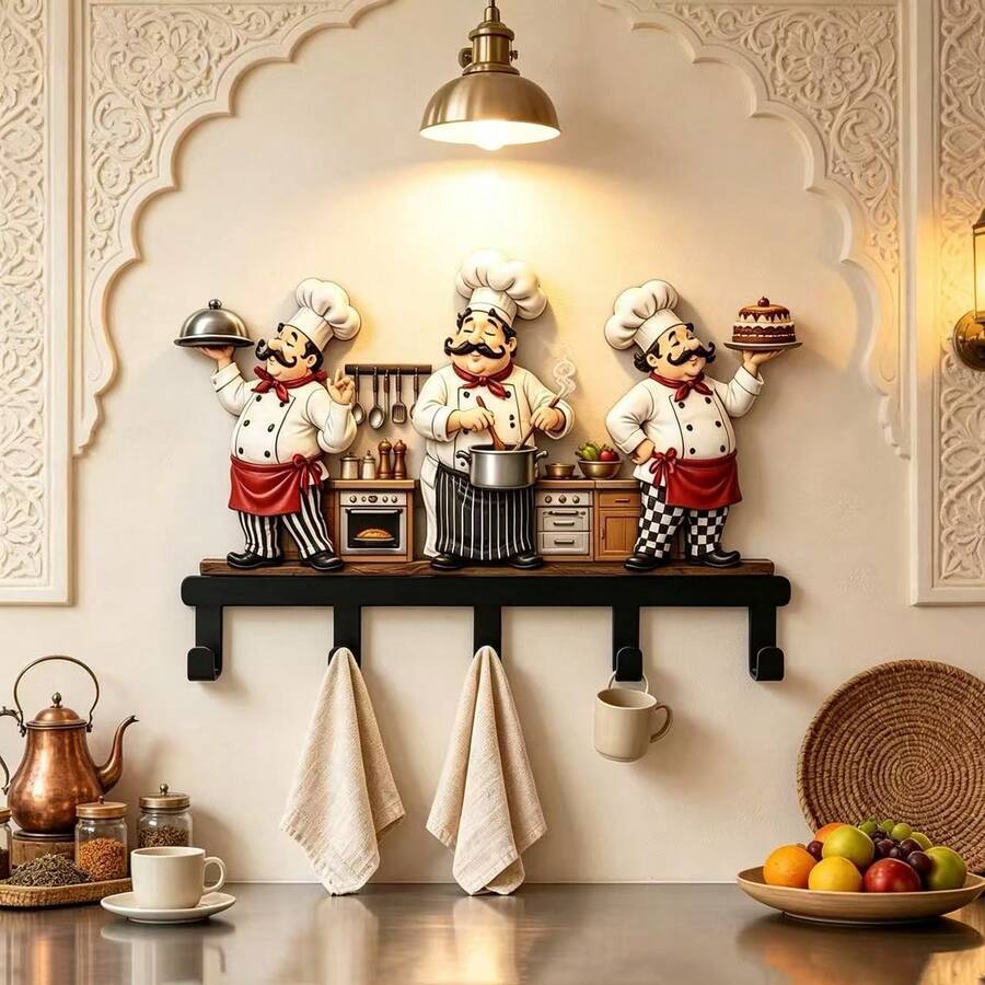 Chef Statue Wall Decor Hook; Kitchen Decorative Hook, Utensil Hook, Metal Kitchen Towel Hook, Middle Eastern Style, Practical Hook For Kitchen Utensils Wall Hanging Rack