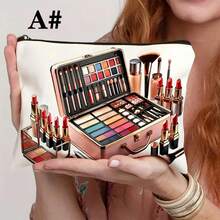 A Standalone Makeup Bag With Flat 2D Design, White Base And Exquisite Pattern Including Images Of Makeup Brushes, Lipstick And Eyeshadow Palette. Equipped With Zipper Closure, Ideal For Travel Cosmetic Storage, Excellent - Multicolor - View 7