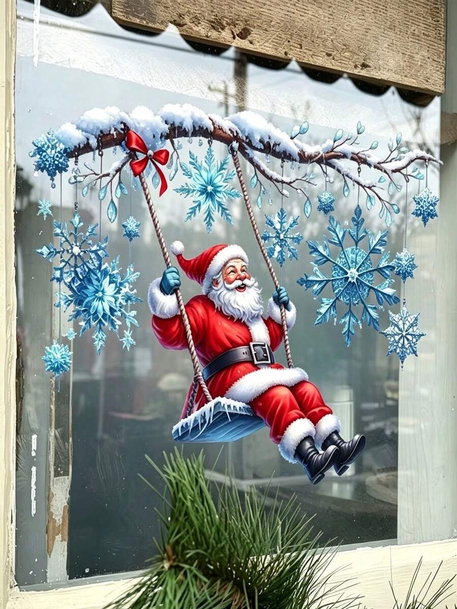 Christmas Window Stickers, Santa Claus Static Cling Window Decals, Ice Snowflake Frost Branch Pattern, Suitable For Winter Holiday Window Decoration, Birthday, Christmas Winter Wonderland Decoration, Winter Holiday Window Decoration - Multicolor - View 1