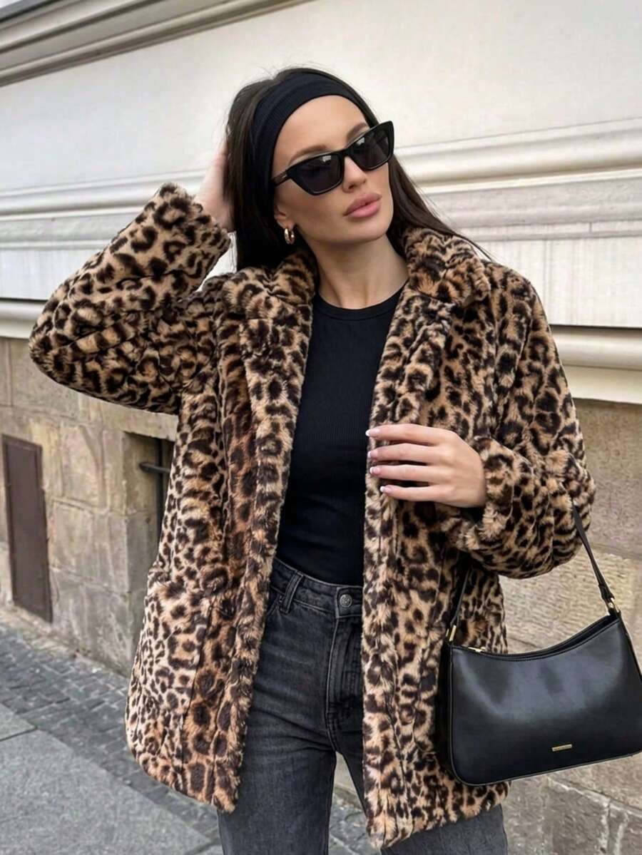 Abrigo Largo con Estampado Leopardo con Cuello Tipo Solapa y Bolsillos Frontales para Mujer - Marrón - Ver 1