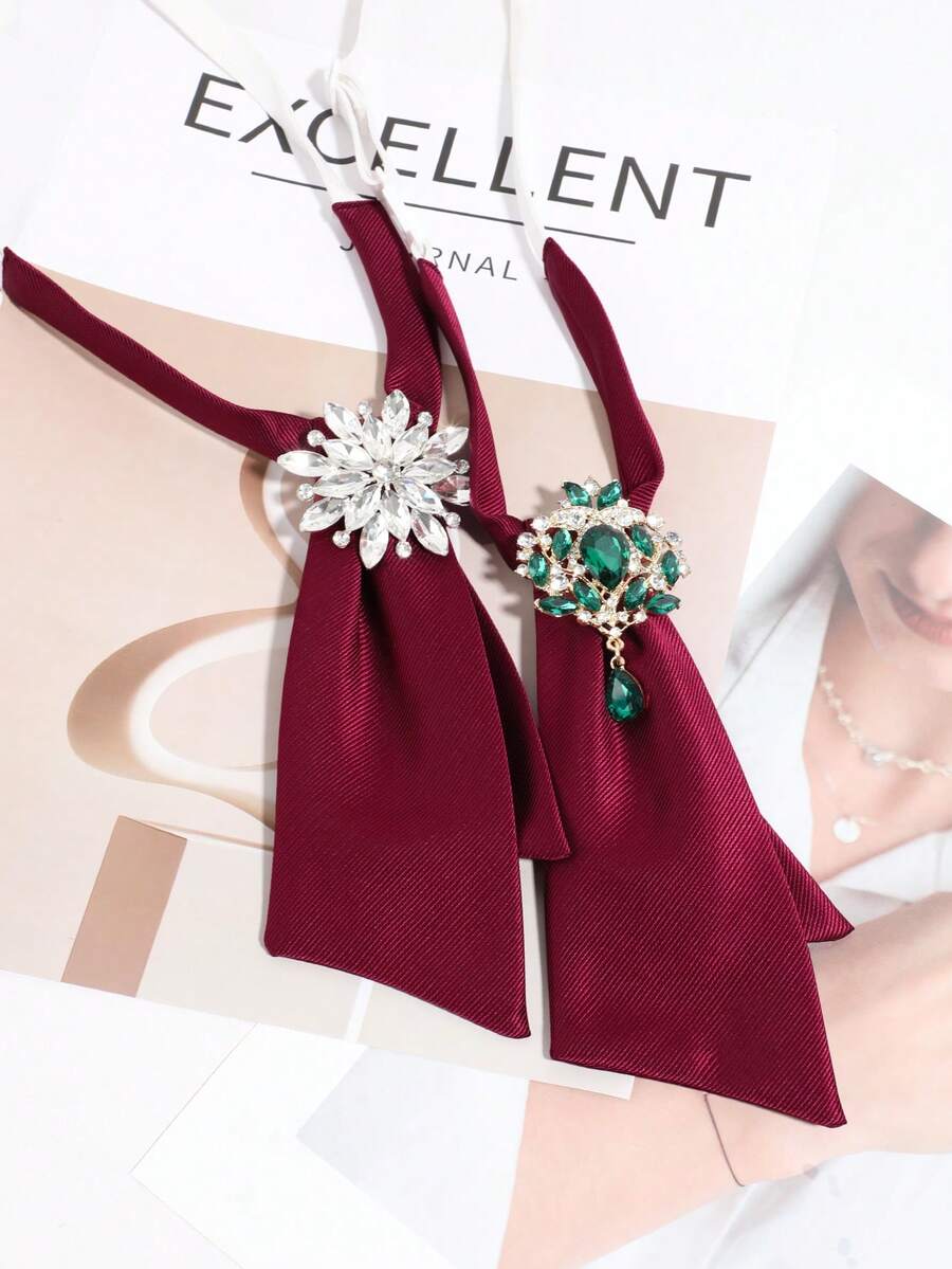 1pc French Vintage Double Layer Satin Rhinestone Women's Necktie, Banquet Commute Formal Shirt Decoration Accessory - Multicolor - View 1