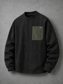 Men's Black Jacquard Pullover Sweatshirt, Round Neck Long Sleeve Top, Green Chest Pocket, Textured Pattern, Casual Streetwear Style - Black - View 6
