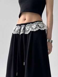 Women's Black Contrast Lace Wide Leg Long Pants Loose Bohemian Style, Slightly Elastic Fabric, Relaxed Fit - Black - View 4