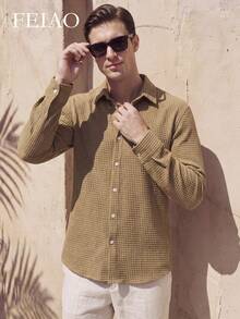 FEIAO Men's American Vintage Old Money Style Classic Corduroy Large Corn Kernel Texture Brown Shirt, Fashionable And Versatile - Khaki - View 3