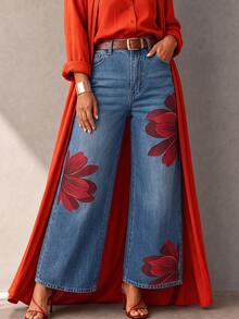Vintage Floral Print Denim Long Pants, Classic Wide Leg Loose Fit Jeans For Women - Medium Wash - View 5