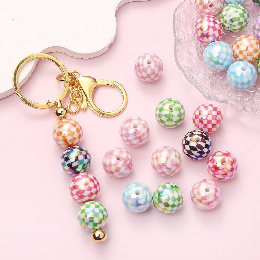 5pcs Acrylic Checkerboard Beads, Colorful AB Plaid Round Loose Spacer Beads, DIY Craft Beads For Keychains, Bracelets, Necklaces & Jewelry Making - Random Color - View 1