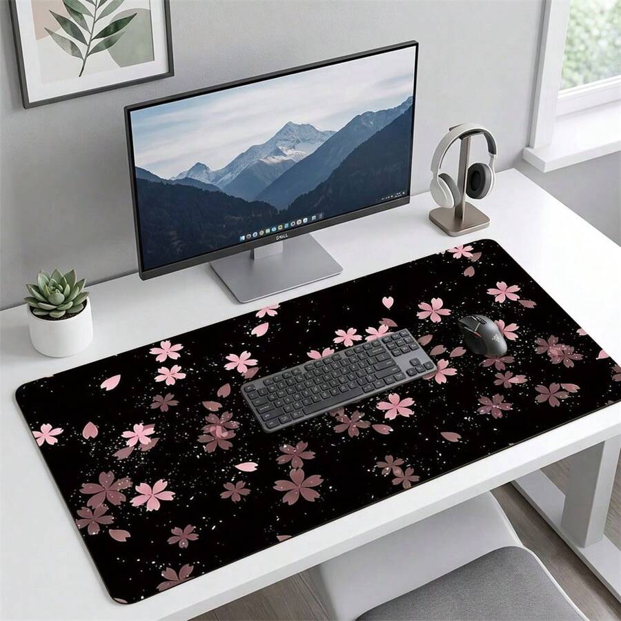 Cherry Blossom Theme Extra Large Gaming Mouse Pad - Rectangular Desk Mat, With Non-Slip Rubber Base, Designed In Rectangular Shape, Embedded With Pink And Purple Flowers, Perfect For Home And Office Use. - Cherry Blossoms Falling - View 1