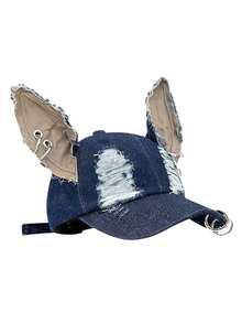 1pc Fashion Hip Hop Skateboard Distressed Denim Rabbit Ear Baseball Cap, Adjustable Sun Hat For Outdoor, Casual Decorative Hat, Unisex - Rabbit Ears - View 8